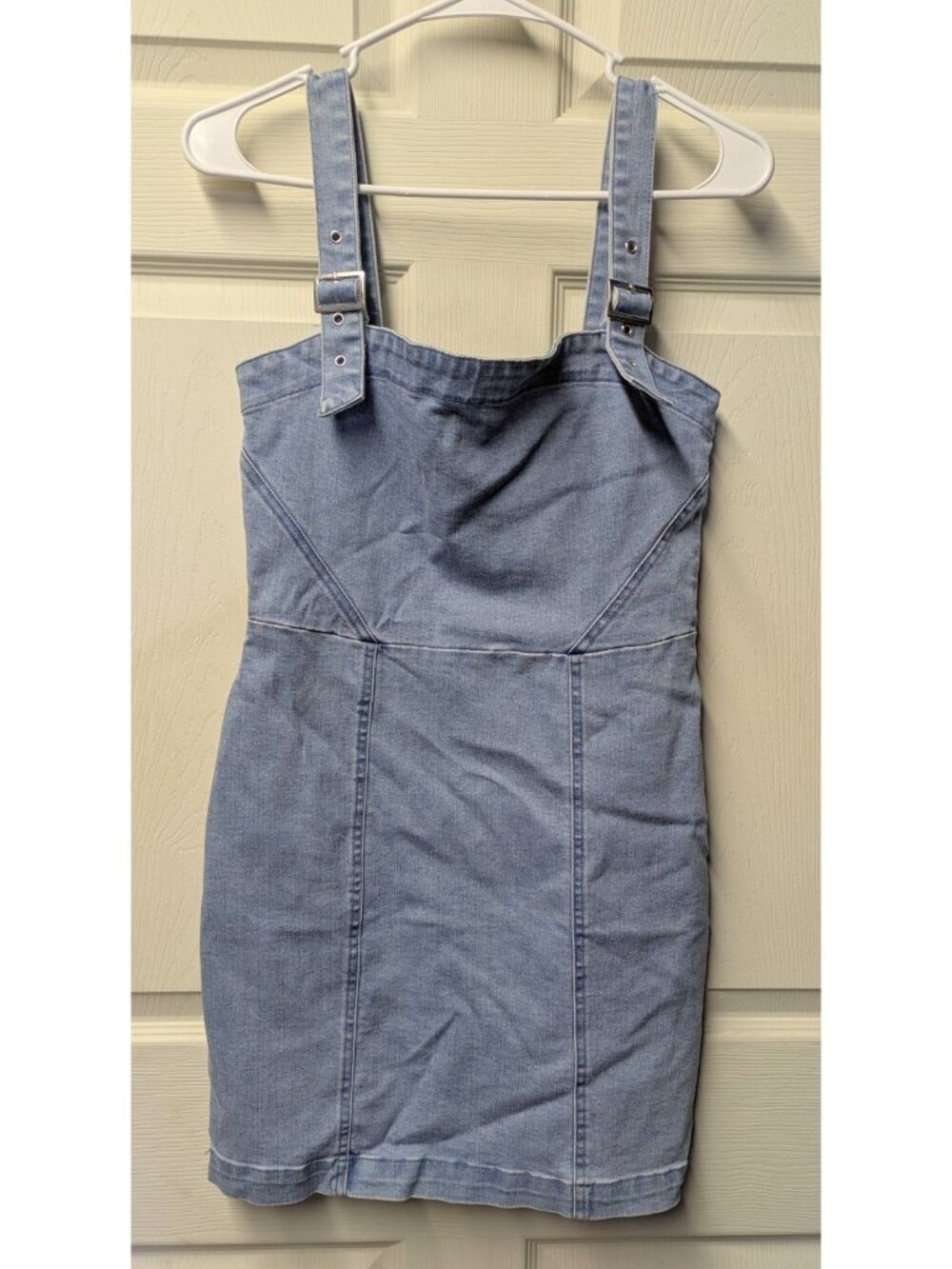 Forever21  Silver Buckle Strap Denim Zipper Mini Dress Size Medium